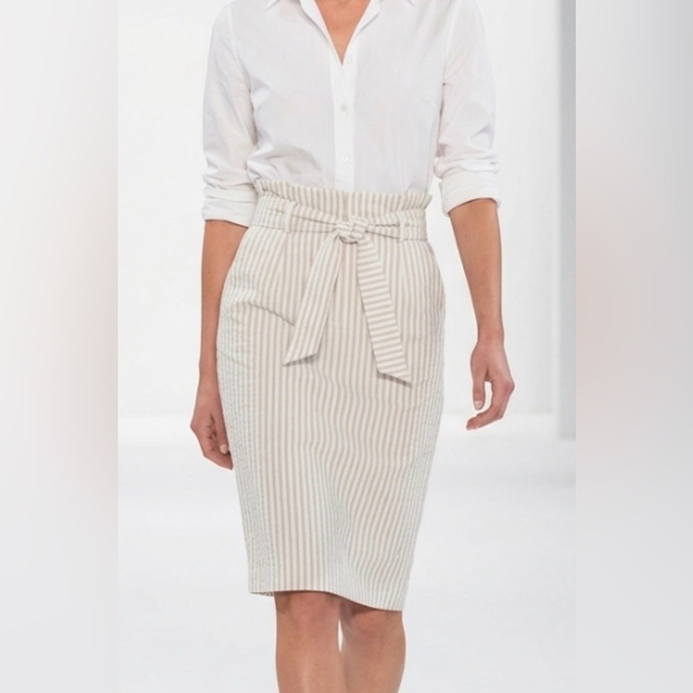 Linda Matthews Tan White Striped Paperbag Waist Linen Blend Pencil Skirt Size 8